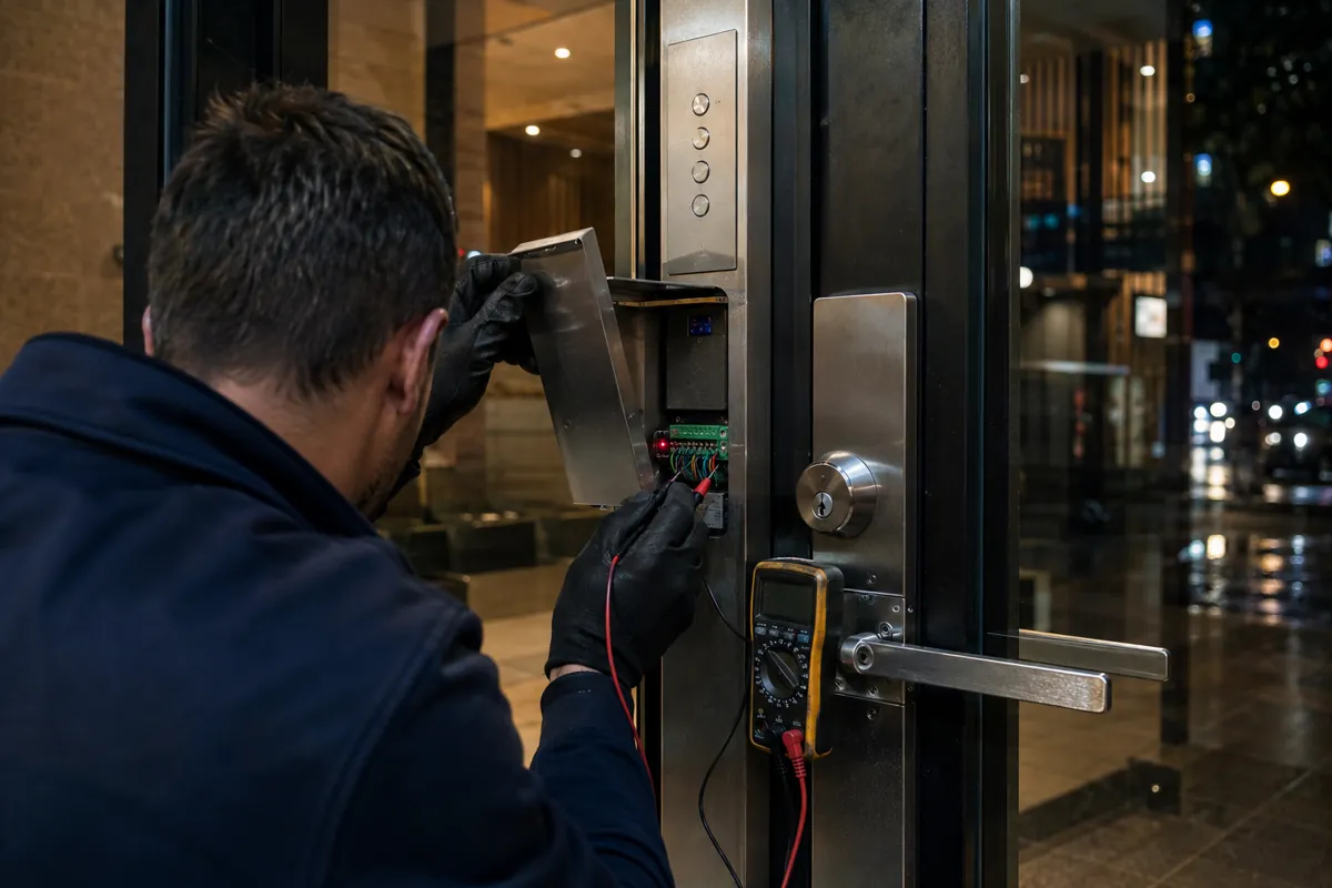 A locksmith testing the access reader at a Melbourne apartment entrance