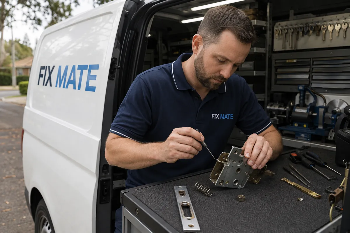 A locksmith repairing a removed mortice lock in the mobile workshop