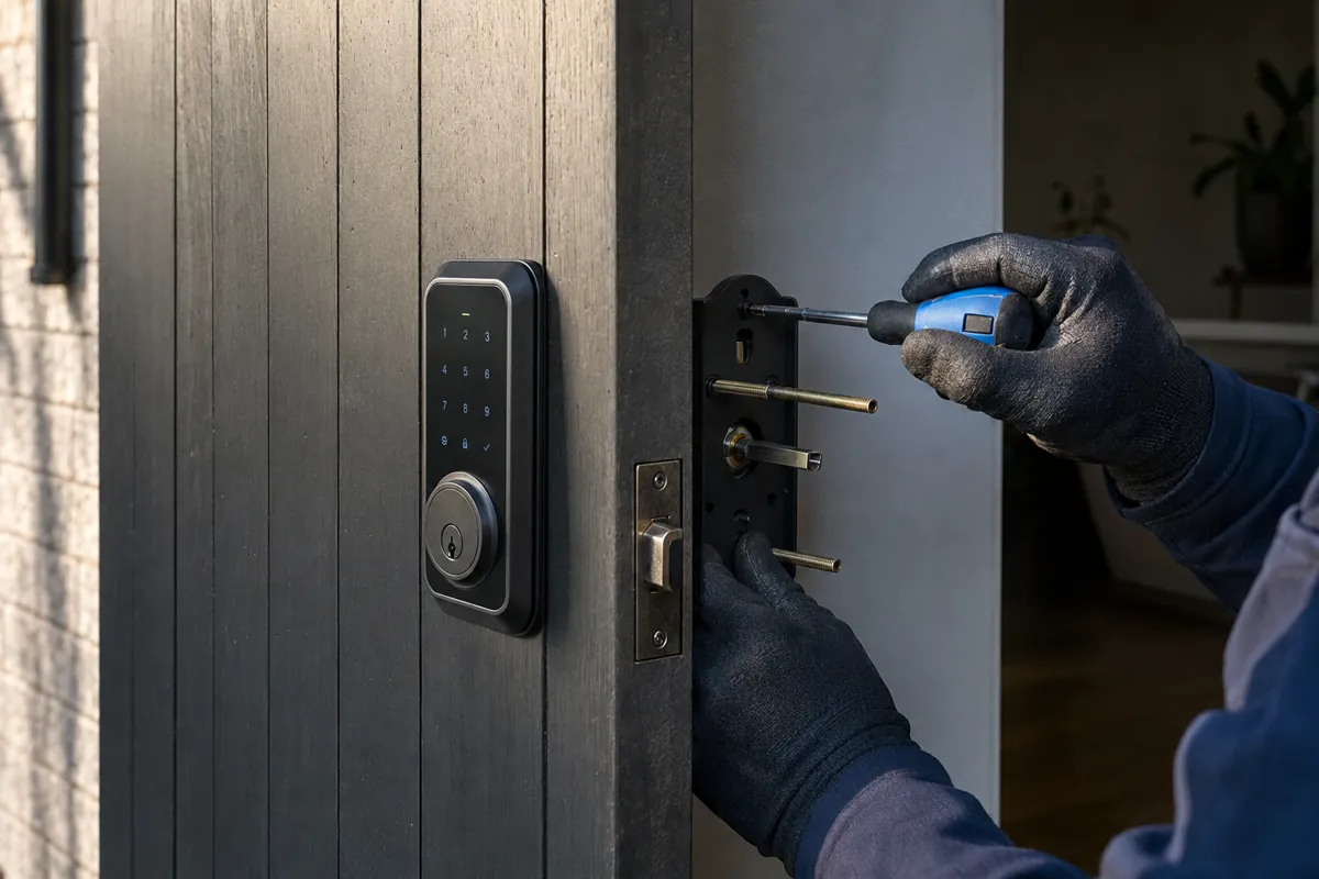 A locksmith installing a smart keypad lock on a timber front door