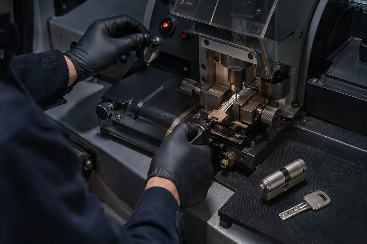 A restricted-profile key being cut on a precision machine