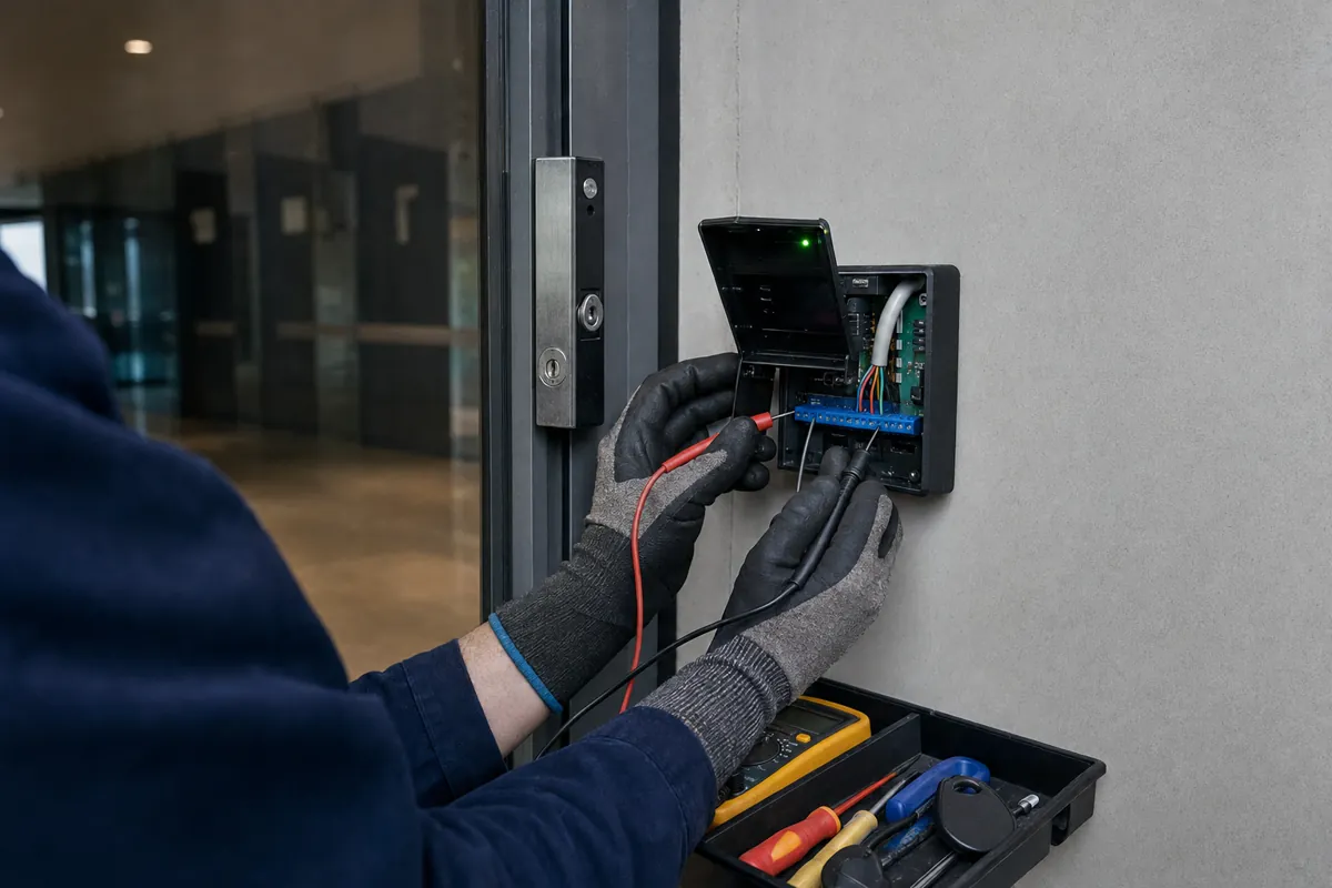 A technician commissioning an electronic access control reader