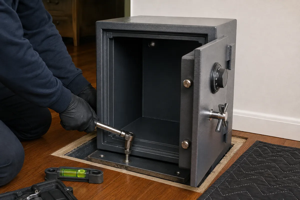 A licensed locksmith servicing the lock mechanism of an open safe