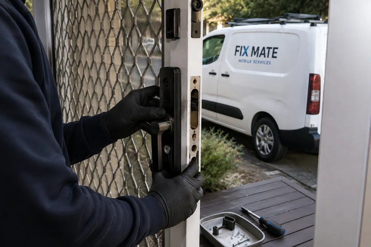 A locksmith fitting security door and window locking hardware