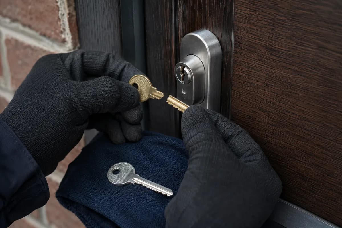 A locksmith removing a broken key from a lock cylinder