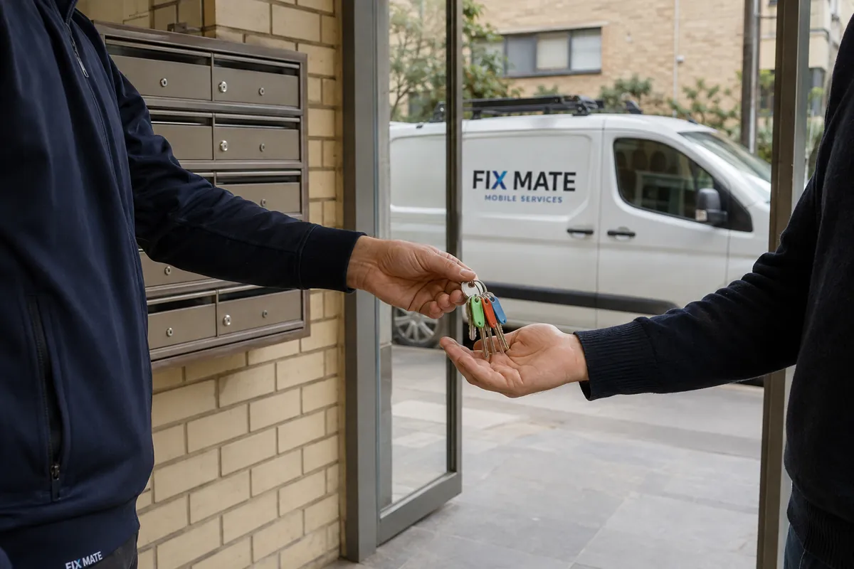 A locksmith handing a managed set of keys to a property representative
