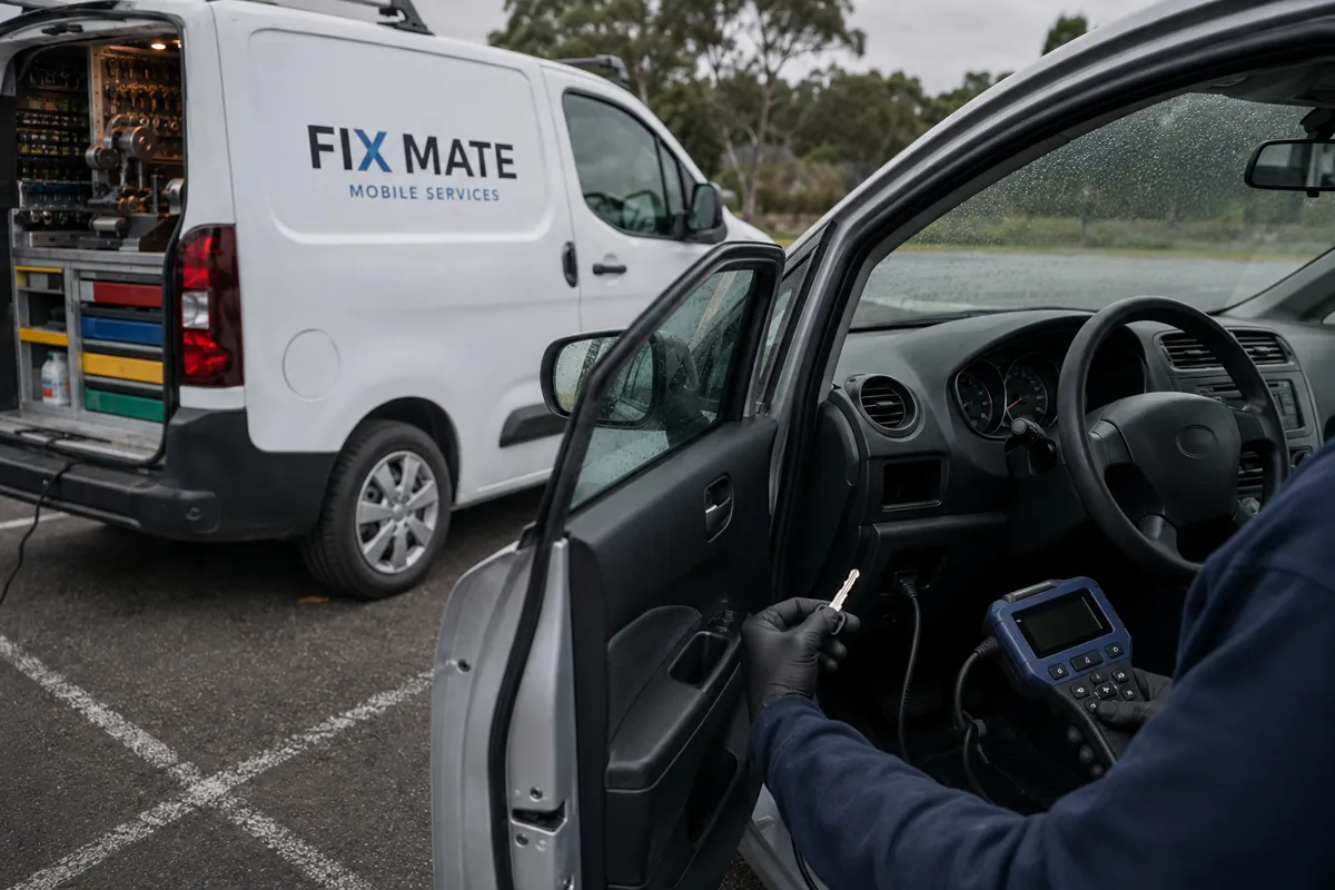 A replacement car key being programmed beside a parked vehicle