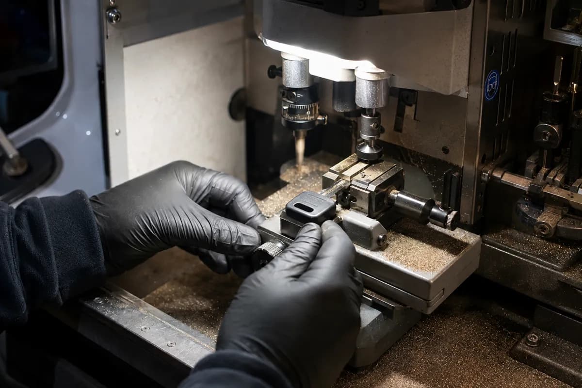 An automotive key blade being cut in a mobile locksmith van
