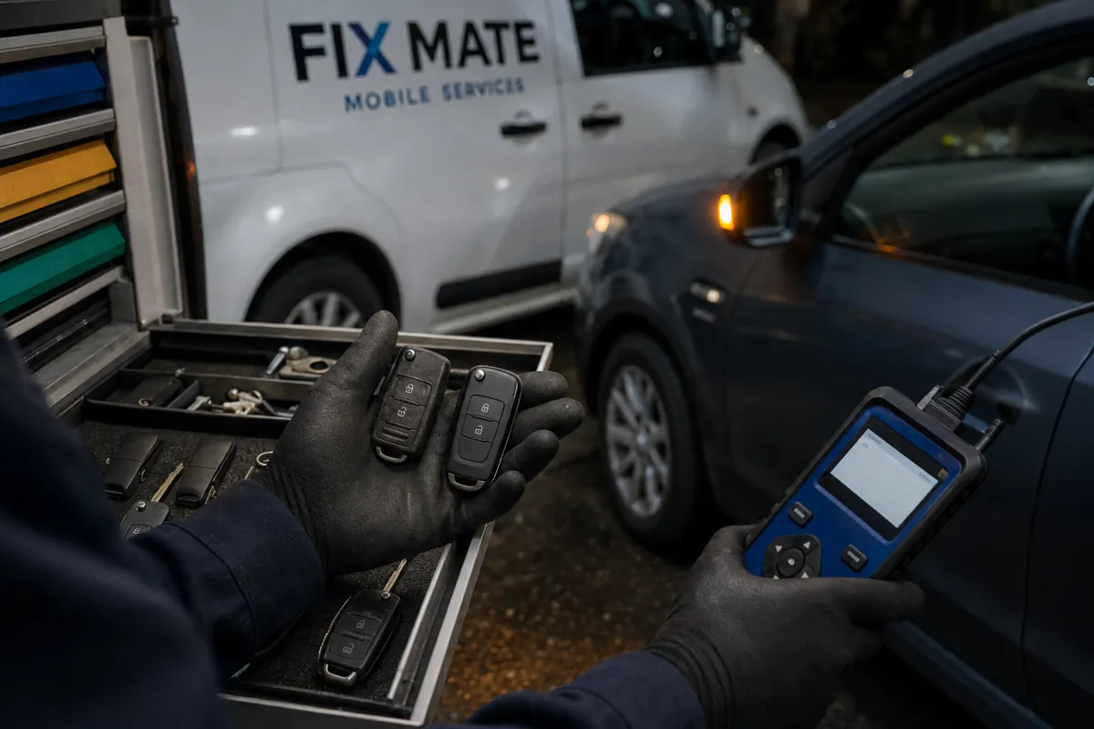 A locksmith preparing and pairing a replacement remote key fob