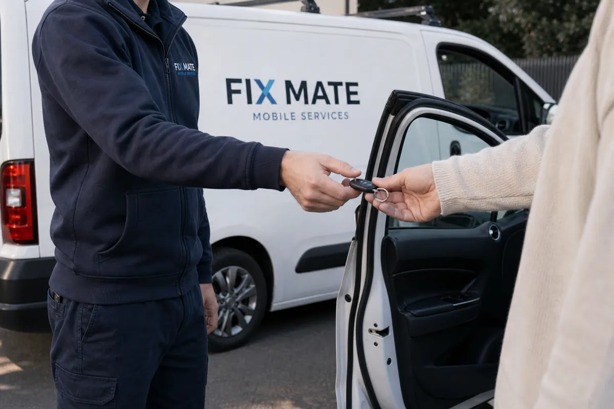A locksmith returning a car key to its owner after a lockout call