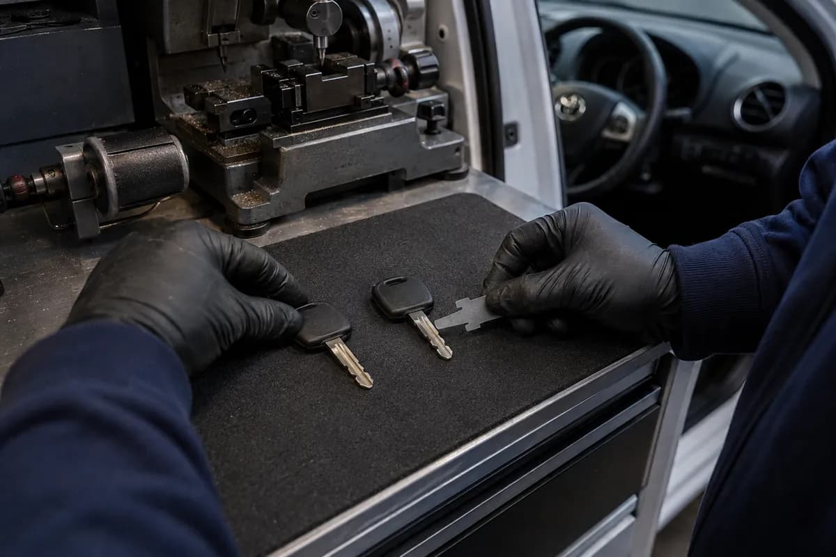 A newly prepared spare car key beside key programming equipment