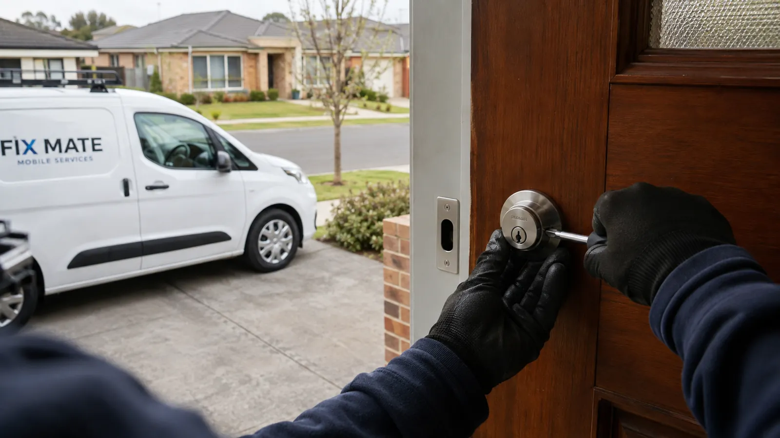 A Fix Mate locksmith attending a home in Melbourne's northern suburbs