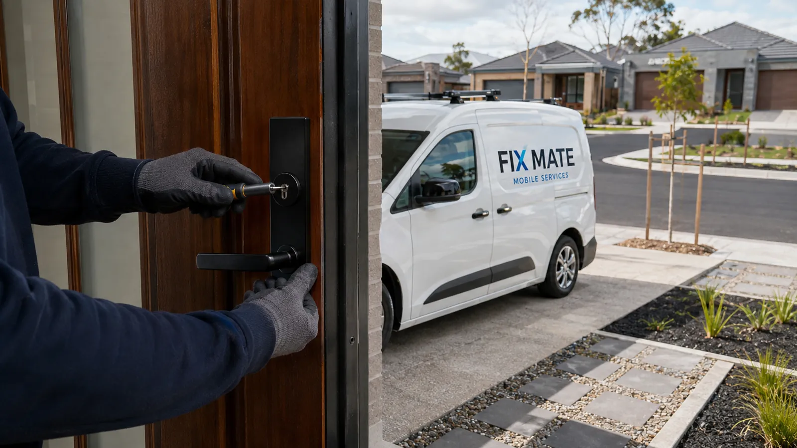 A locksmith completing a residential service call in Melbourne's south-west