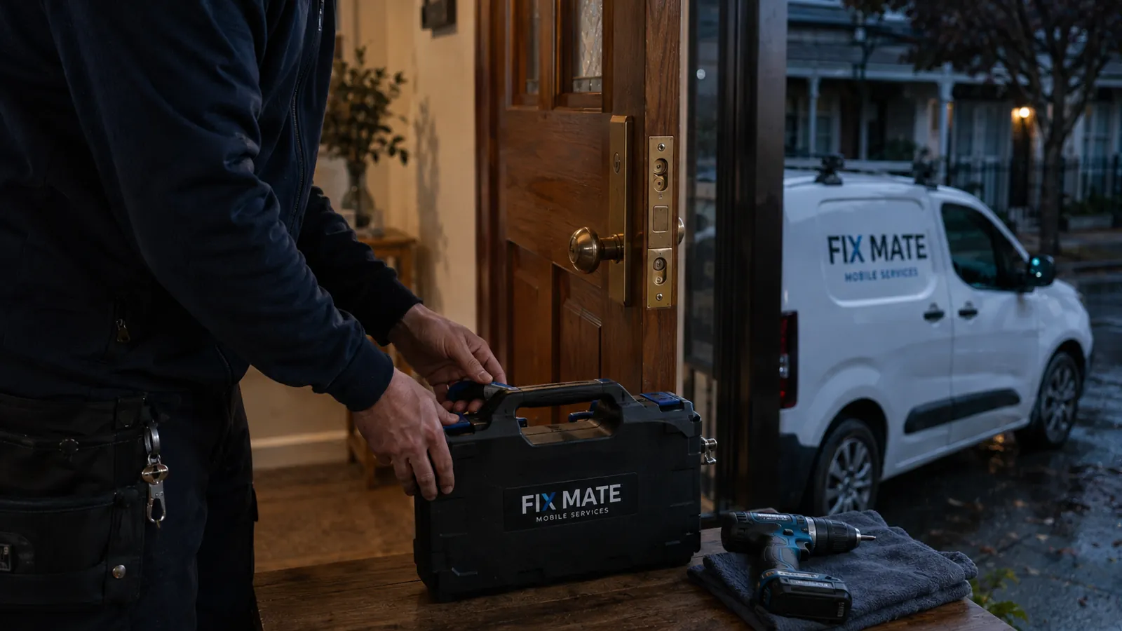 A locksmith setting up professional tools beside a residential door