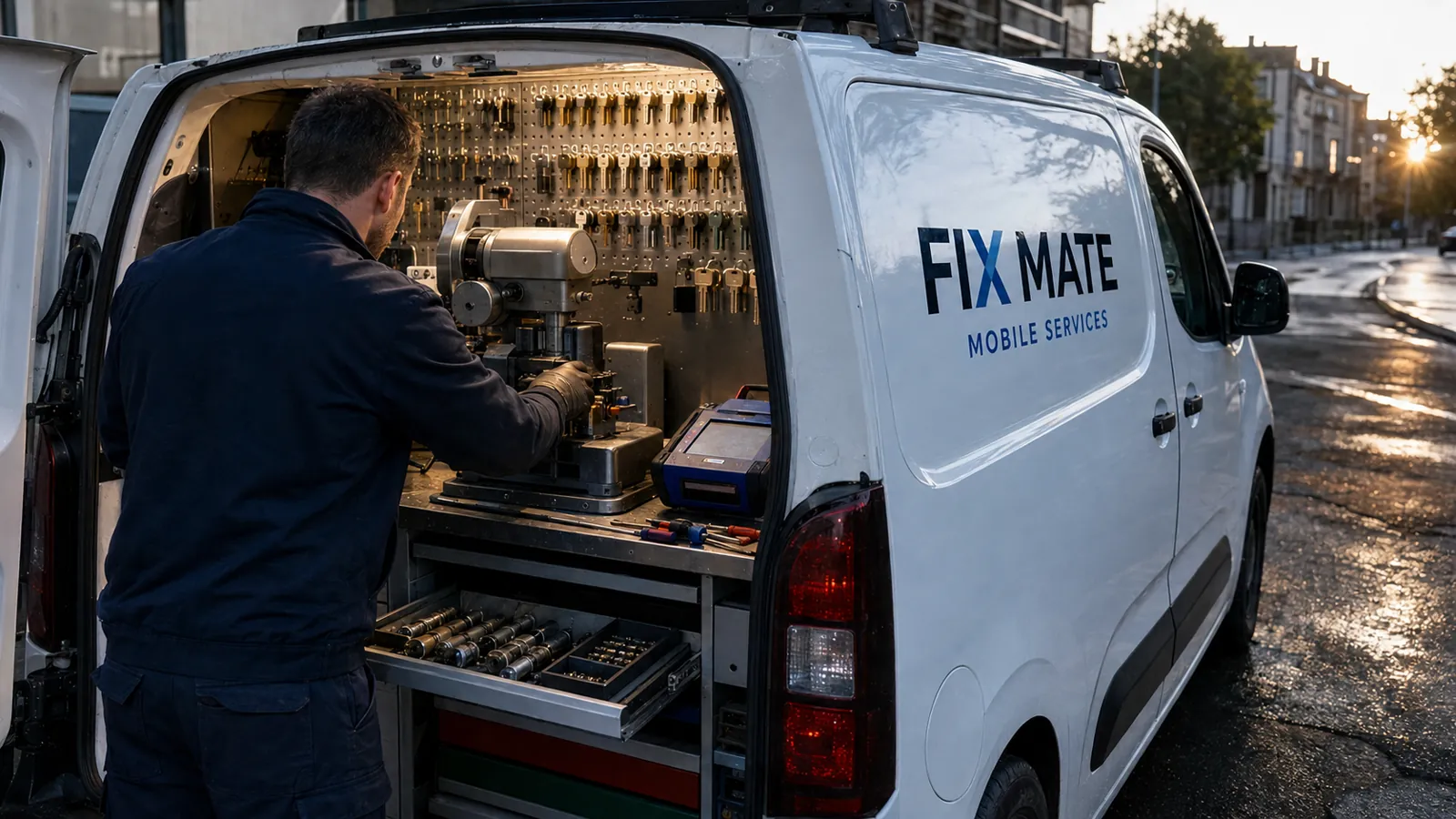 The organised key cutting and locksmith equipment inside the Fix Mate mobile workshop