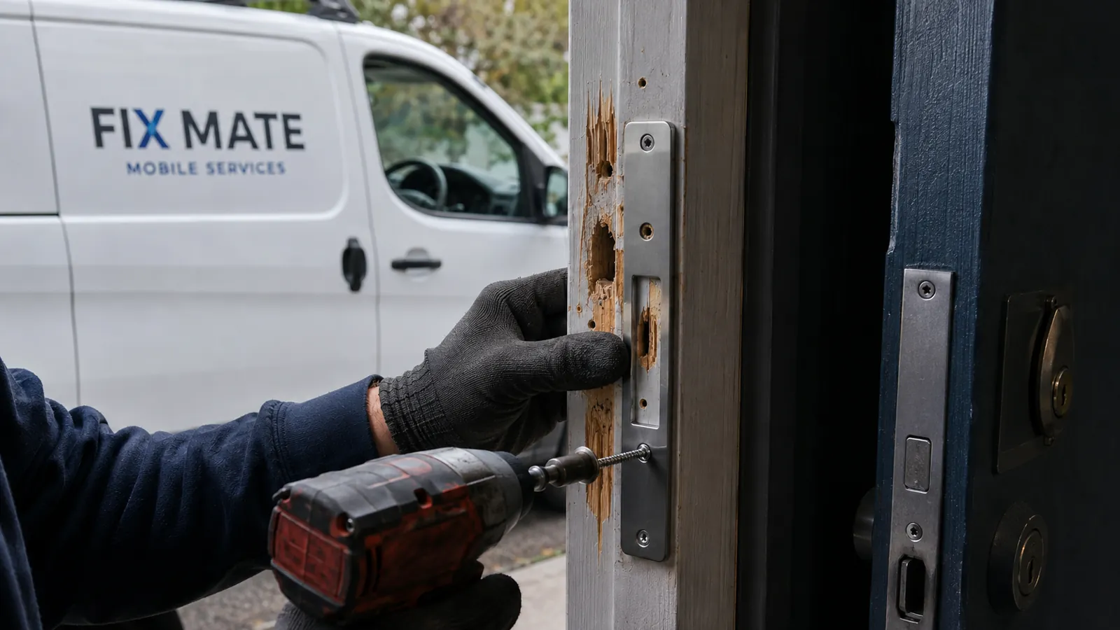 A locksmith securing a damaged residential door after a break-in