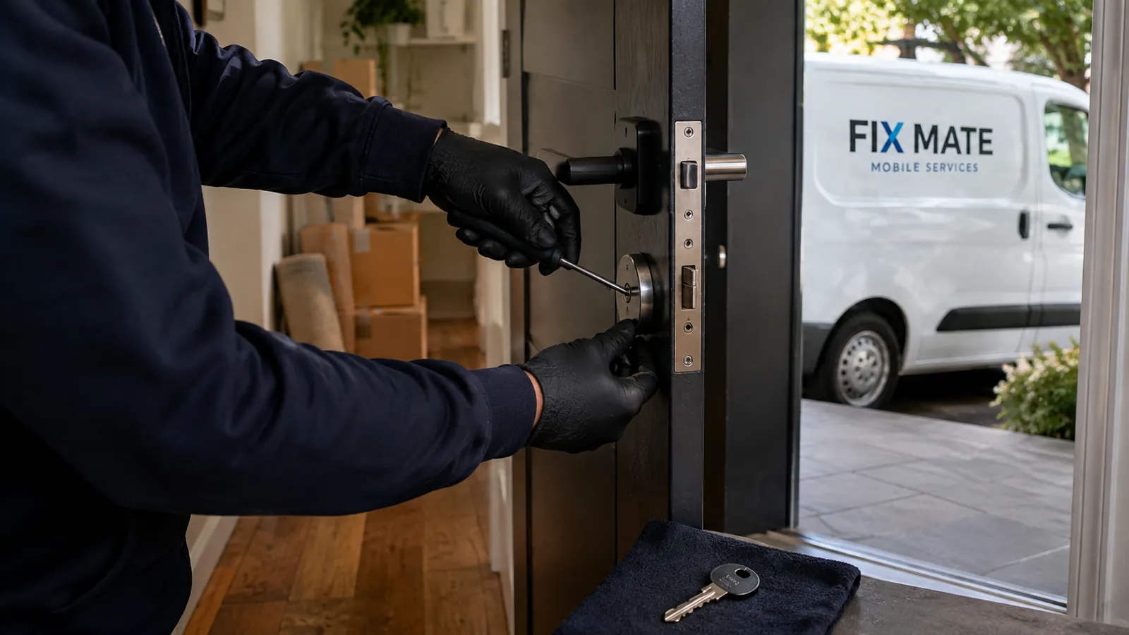 A locksmith servicing the front door lock of a newly occupied rental home