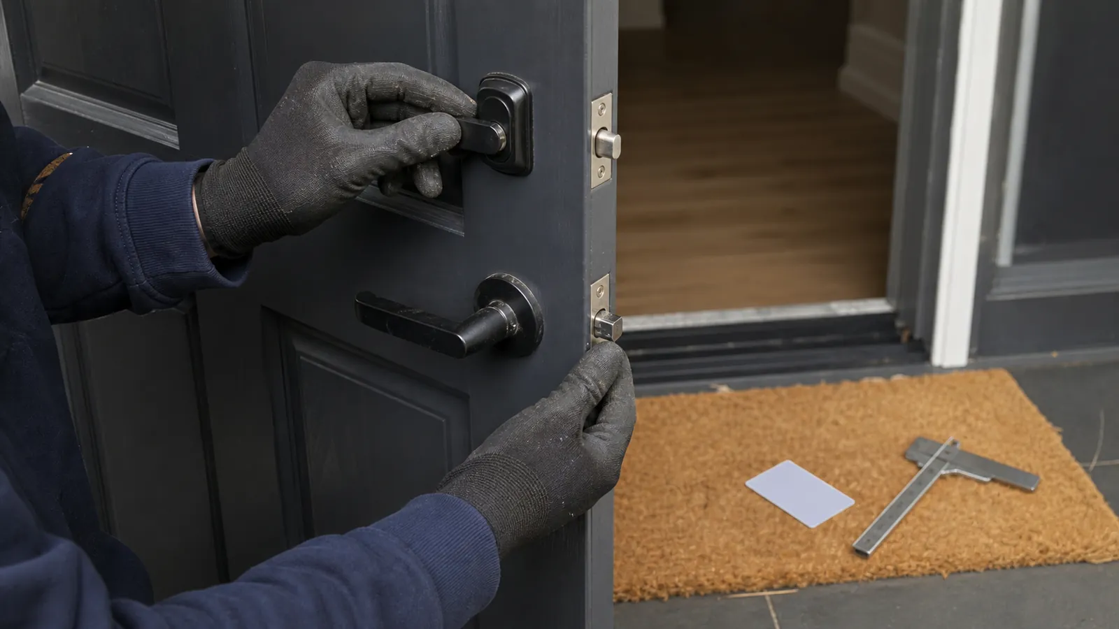 A compliant deadlock being checked on a Victorian rental property door