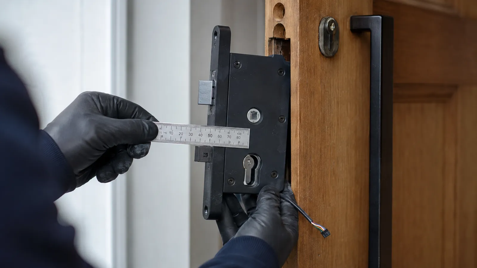 A smart lock installed on an Australian timber entry door