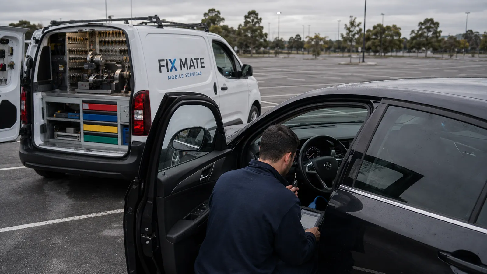 A mobile locksmith preparing a replacement car key beside a vehicle