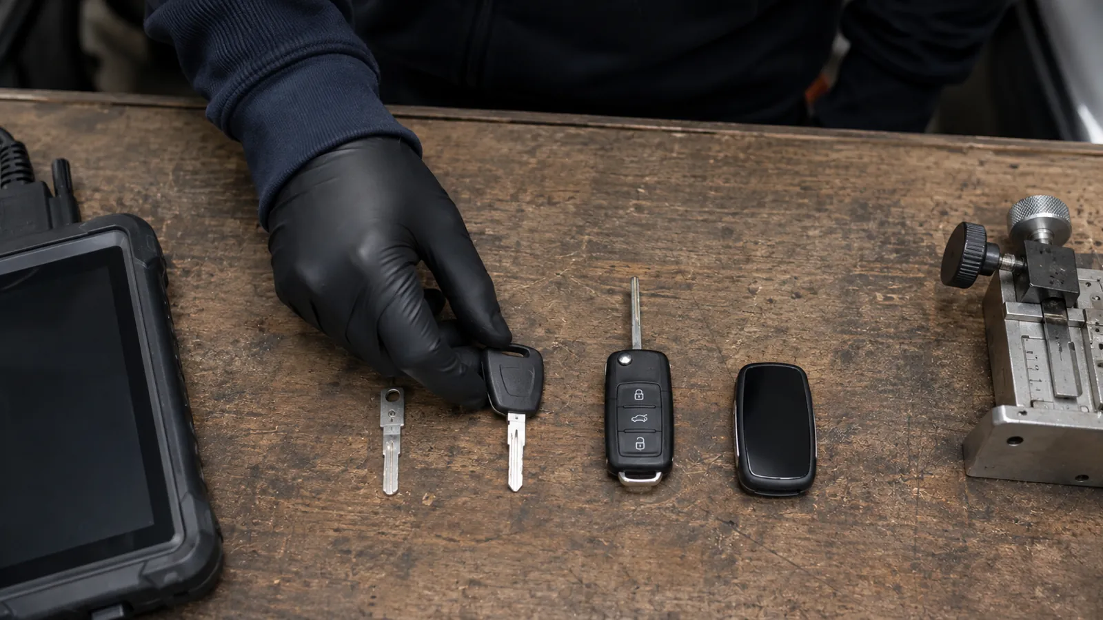 Different types of modern car keys arranged on a locksmith workbench
